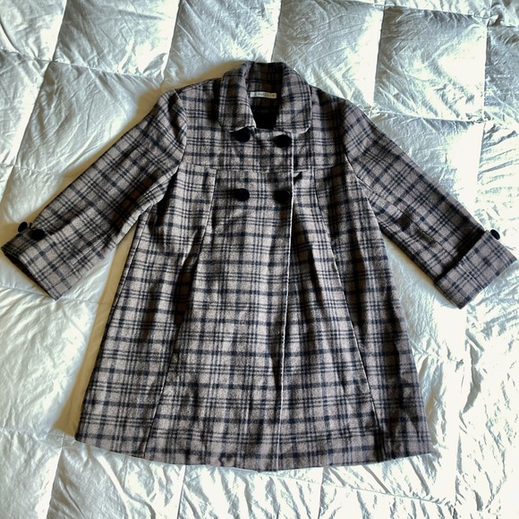 Anthropologie Hazel Double Breast Retro Coat Small Plaid Brown Black 3/4 Sleeve - Picture 2 of 16